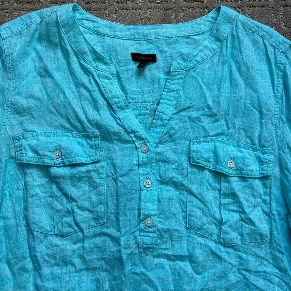 Talbots Linen Button Down Shirt Womens XL Aqua Blue Roll Tab Sleeve Casual Beach - Picture 2 of 6